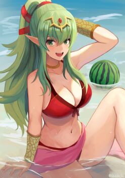 1girl :d armpits bare_shoulders beach bikini bracer breasts cleavage collarbone commentary_request fire_emblem fire_emblem_awakening fire_emblem_heroes food front-tie_bikini_top front-tie_top fruit gold_choker green_eyes green_hair hair_ornament highres labebebe_lee large_breasts long_hair looking_at_viewer navel nintendo ocean official_alternate_costume open_mouth outdoors pink_sarong pointy_ears ponytail red_bikini ribbon sarong sideboob sitting smile solo stomach swimsuit thighs tiara tiki_(adult)_(fire_emblem) tiki_(adult)_(summering_scion)_(fire_emblem) tiki_(fire_emblem) very_long_hair water watermelon wet