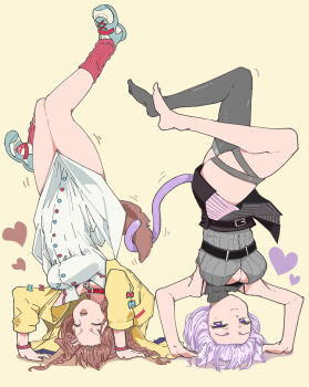 2025 2girls absurdres animal_ear_fluff animal_ears bone_hair_ornament braid breasts brown_hair cat_ears cat_girl cat_tail closed_eyes closed_mouth collar decollete dog_ears dog_girl dog_tail grey_thighhighs gymnastics hair_between_eyes hair_ornament handstand heart highres hololive inugami_korone large_breasts long_hair long_sleeves looking_at_viewer multicolored_skirt multiple_girls nekomata_okayu open_mouth panyatteria purple_eyes purple_hair purple_tail red_socks short_hair simple_background skirt skirt_flip skirt_tug sleeveless smile socks tail teeth thighhighs upper_teeth_only upside-down virtual_youtuber