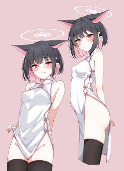 1girl alternate_costume animal_ears bare_shoulders black_hair black_thighhighs blue_archive blush breasts cat_ears china_dress chinese_clothes colored_inner_hair commentary_request cropped_legs dress extra_ears groin hair_ornament hairclip halo highres kabocya_na kazusa_(blue_archive) lifting_own_clothes looking_at_viewer multicolored_hair multiple_views no_panties pelvic_curtain pink_background pink_hair pink_halo red_eyes short_hair simple_background sleeveless sleeveless_dress small_breasts smile thighhighs two-tone_hair white_dress