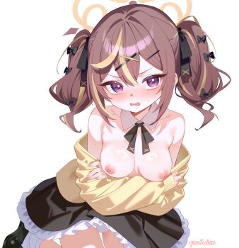 1girl absurdres artist_name bag black_ribbon black_skirt blonde_hair blonde_streaks blue_archive blush breasts brown_hair brown_halo brown_shoes cardigan cardigan_pull collared_shirt commentary detached_collar fingernails frilled_skirt frills hair_between_eyes hair_ribbon halo highres kneeling loli long_hair long_sleeves looking_at_viewer multicolored_hair multicolored_halo nail_polish neck_ribbon nipples off_shoulder open_mouth panties pink_nails purple_eyes rena_(blue_archive) ribbon shirt shoes simple_background single_leg_warmer skirt sleeves_past_wrists small_breasts socks solo streaked_hair sweat teeth thighs topless_female twintails two-tone_hair two-tone_halo underwear upper_teeth_only white_background white_panties white_socks yellow_bag yellow_cardigan yellow_halo yunjuice