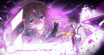 1boy 1girl black_gloves blood blood_on_clothes branch brown_dress brown_eyes brown_hair catherine_(project_moon) chest_harness closed_mouth collared_shirt crack cracked_glass dissolving dress flower gloves golden_bough_(limbus_company) harness heathcliff_(project_moon) highres limbus_company ling_zhiyun project_moon purple_flower purple_theme shirt sidelocks smile stab walking white_shirt