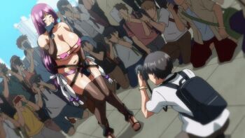1girl 2023 20s animated animated_gif anime_screenshot armband ass backpack bag belly bent_over bikini black_choker black_gloves blue_sky blush breasts building camera choker cleavage closed_eyes cloud cloudy_sky convention cosplay covered_erect_nipples covering_breasts covering_own_mouth covering_privates crotch_grab eyepatch_bikini flashlight glasses gloves hand_over_own_mouth hands_on_crotch hanging_breasts hat hats huge_ass huge_breasts husband_and_wife implied_vibrator large_breasts lips lipstick long_hair long_sleeves low-tied_long_hair makeup mature_female minamoto_no_raikou_(fate)_(cosplay) minamoto_no_raikou_(swimsuit_lancer)_(fate)_(cosplay) mole mole_under_mouth muffin_top multiple_boys navel netorare open_mouth pink_bikini public_indecency purple_hair sagging_breasts sky standing sweat swimsuit tablet_pc tagme taka_kimura taking_picture thick_thighs thighhighs thighs towel towel_around_neck tsuma_ni_damatte_sokubai-kai_ni_iku_ja_nakatta very_long_hair wide_hips yumiko_kimura