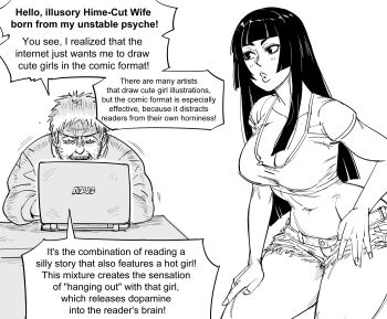 1boy 1girl artist_self-insert bb_(baalbuddy) black_hair breasts cleavage computer denim denim_shorts desk english_text facial_hair greyscale hand_on_own_hip hand_on_own_leg highres hime_cut hime_cut_wife_(baalbuddy) laptop large_breasts long_hair midriff monochrome navel original plunging_neckline shorts simple_background sitting speech_bubble stubble tank_top white_background