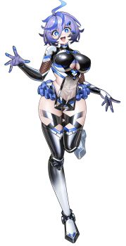 1girl android blue_eyes breasts cleavage_cutout clothing_cutout curvy full_body highres impossible_clothes jumping large_breasts lilith-soft looking_at_viewer multicolored_hair namaniku_atk non-web_source open_mouth purple_hair revealing_clothes shiny_clothes shiny_skin short_hair taimanin_(series) taimanin_rpgx taimanin_suit transparent_background tsukumo_mogami two-tone_hair wide_hips