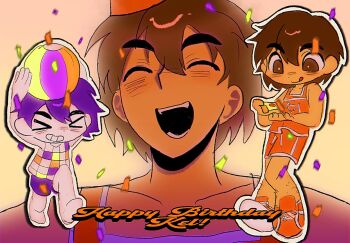 &gt;_&lt; 2boys :d :q ^_^ antenna_hair arms_up ball bare_arms bare_legs bare_shoulders barefoot beachball black_mouth bright_pupils brown_eyes brown_hair character_name checkered_clothes checkered_shirt chromatic_aberration closed_eyes closed_mouth colored_skin dark-skinned_male dark_skin dot_nose double-parted_bangs dual_persona facing_viewer fangs food full_body grin hair_behind_ear hair_between_eyes happy_birthday highres holding holding_ball holding_beachball holding_food holding_pizza kel_(faraway)_(omori) kel_(headspace)_(omori) kel_(omori) leg_hair looking_at_food lyuz_(justtoseemeplea) male_focus multiple_boys omori open_mouth orange_shoes orange_shorts orange_tank_top pizza pizza_slice portrait purple_hair purple_shorts shirt shoelaces shoes short_hair shorts simple_background sleeveless sleeveless_shirt smile tank_top teeth thick_eyebrows tongue tongue_out white_pupils white_skin yellow_background