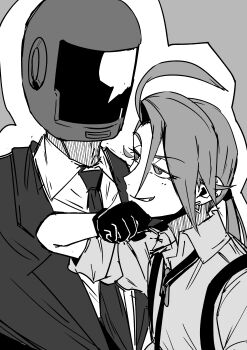 1boy 1girl absurdres artist_self-insert earrings gloves green_background grin helmet hetero highres jewelry long_hair low_ponytail necktie nintendo original pokemon pokemon_sv ponytail rika_(pokemon) smile suspenders tomboy uranosaxia