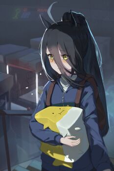 1girl :t absurdres animal_ears backpack bag black_bag black_hair blue_jacket blush crane_game dev_grater hair_between_eyes hand_up high_ponytail highres horse_ears horse_girl hugging_object jacket long_hair long_hair_between_eyes long_sleeves manhattan_cafe_(umamusume) multicolored_hair pillow pillow_hug ponytail pout solo sweater turtleneck turtleneck_sweater umamusume very_long_hair white_hair white_sweater yellow_eyes