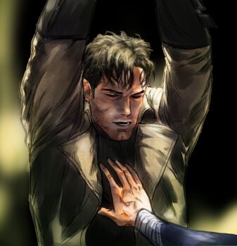 2boys batman batman_v_superman:_dawn_of_justice beard_stubble ben_affleck black_gloves black_hair black_jindo bound bound_arms bound_wrists bruce_wayne coat commentary_request dc_comics dc_extended_universe facial_hair gloves highres korean_commentary male_focus multiple_boys open_mouth restrained scene_reference short_hair stubble superhero_costume superman suspension trench_coat