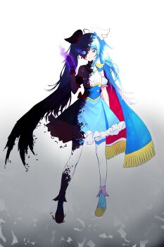 Rule 34 | absurdres, ahoge, black hair, blue cape, blue hair, blue skirt, cape, corruption, cure sky, cure sky (dark), dark persona, detached sleeves, fingerless gloves, flaming eye, frilled skirt, frills, full body, gloves, grim jisoo, hair ornament, highres, hirogaru sky! precure, long hair, magical girl, pantyhose, precure, puffy sleeves, red cape, shirt, single wing, skirt, split theme, twintails, two-sided cape, two-sided fabric, white pantyhose, white shirt, wing hair ornament, wings