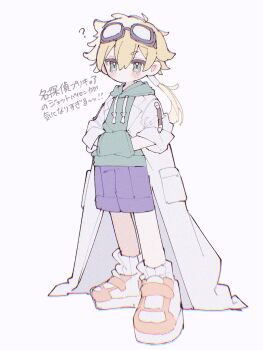 Rule 34 | 1boy, blonde hair, blue shorts, blush, closed mouth, commentary request, double-parted bangs, drawstring, full body, goggles, goggles on head, green eyes, green hoodie, hair between eyes, hands in pocket, highres, hood, hood down, hoodie, jett (human) (precure), lab coat, long hair, long sleeves, looking at viewer, male focus, meitantei precure!, orange shoes, precure, ribbed socks, shoes, shorts, simple background, socks, solo, standing, translation request, upache, white background, white socks