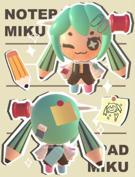 1girl 3d ;3 alternate_costume alternate_hairstyle aqua_hair asymmetrical_legwear blush chibi chibi_only commentary detached_sleeves dress eraser eraser_hair_ornament hatsune_miku highres lavy_(lavnko) lined_paper lined_paper_print mismatched_legwear necktie note note_on_head object_through_head one_eye_closed paper paperclip paperclip_hair_ornament pencil pencil_hair pushpin pushpin_through_head ruler ruler_necktie ruler_print spring_onion sticky_note twintails vocaloid