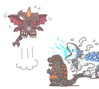 burning_godzilla chibi colored_sclera crossover destoroyah dinosaur extra_wings flying giant giant_monster glowing_mouth godzilla godzilla_(series) godzilla_vs._destoroyah godzilla_x_kong:_the_new_empire horns kaiju king_kong_(series) legendary_pictures low_wings monster monsterverse motion_lines no_humans no_pupils pikpik0109 pincers red_sclera shimo_(monsterverse) spikes sweatdrop tail toho white_eyes wings yellow_eyes