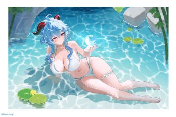 1girl ahoge alternate_costume arm_support bamboo bikini blue_hair border breasts caustics cleavage commentary commentary_request commission ddeumbugi english_commentary front-tie_bikini_top front-tie_top ganyu_(genshin_impact) genshin_impact goat_horns halterneck highres horns large_breasts layered_bikini lily_pad long_hair navel object_floating_above_hand partially_submerged pixiv_commission purple_eyes smile solo string_bikini swimsuit thigh_gap thighs water white_bikini white_border