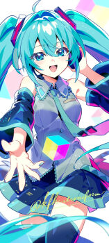 1girl :d absurdly_long_hair ahoge black_skirt black_sleeves black_thighhighs blue_hair blue_nails blue_necktie blue_trim blush collared_shirt cowboy_shot dress_shirt floating_hair grey_shirt hair_intakes hair_ornament hatsune_miku headphones headset highres kafuki_fuka long_hair looking_at_viewer microphone miniskirt nail_polish necktie open_mouth reaching reaching_towards_viewer shirt skirt sleeveless sleeveless_shirt smile solo standing thighhighs twintails twitter_username very_long_hair vocaloid wing_collar zettai_ryouiki
