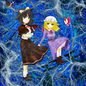 2girls ankle_boots belt black_belt black_capelet black_hair black_hat black_shoes black_skirt blonde_hair book boots bow bowtie brown_boots bug butterfly capelet commentary_request dress grey_eyes hat hat_bow highres holding holding_book insect kams loafers looking_at_viewer maribel_hearn mob_cap multiple_girls purple_dress red_bow red_bowtie red_ribbon ribbon shirt shoes short_hair skirt socks torifune_(touhou) touhou trojan_green_asteroid usami_renko white_shirt white_socks yellow_eyes zun_(style)