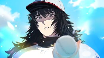 1boy asumi_chikyuu ball baseball baseball_cap baseball_jersey black_eyes black_hair blue_sky blurry blurry_foreground bright_pupils commentary_request hat highres holding holding_ball jersey kiriyama_fusetsu light_particles long_hair male_focus outdoors parted_lips portrait shirt sky solo strikeout_pitch undershirt white_pupils white_shirt