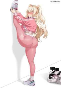 1girl ass bag blonde_hair blush breasts clay_(nikke) glitchnest goddess_of_victory:_nikke headphones headphones_around_neck jacket long_hair long_sleeves looking_at_viewer open_mouth pants pink_jacket pink_pants red_eyes shoes solo split standing standing_on_one_leg standing_split sweatpants twintails white_background white_shoes