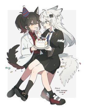 2girls aged_down animal_ears arknights artist_name birthday_cake black_jacket black_necktie black_skirt blue_necktie cake character_name commentary dated finger_to_another's_face food grey_background hair_between_eyes happy_birthday hat highres index_finger_raised jacket lappland_(arknights) lappland_(young)_(arknights) long_hair multiple_girls necktie official_alternate_costume open_mouth party_hat ponytail red_shirt seri_(vyrlw) shirt skirt tail texas_(arknights) texas_(willpower)_(arknights) thighs two-tone_background untranslatable_commentary white_background white_jacket white_shirt wolf_ears wolf_girl wolf_tail yuri