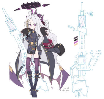 1girl ahoge armband belt black_belt black_coat black_halo black_skirt black_thighhighs blue_archive breasts coat coat_on_shoulders commentary_request demon_girl demon_horns demon_wings full_body gun halo highres hina_(blue_archive) holding holding_gun holding_weapon horns korean_commentary long_hair looking_at_viewer low_wings machine_gun mg42 o_ame_9 purple_eyes red_armband skirt small_breasts solo standing thighhighs thighs very_long_hair weapon white_hair wings