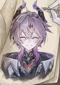 Rule 34 | 1boy, absurdres, blush, book, closed eyes, dragon boy, dragon horns, genshin impact, gloves, highres, holding, holding pen, horns, kurage 67, mini durin (dragon) (genshin impact), mini durin (genshin impact), mini durin (human) (genshin impact), pen, smile, turning page, watermark, white gloves