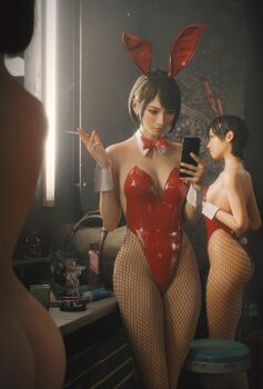3d 3girls absurdres animal_ear_hairband animal_ears ashtray ass black_hair blurry bow bowtie breasts brown_hair cellphone cigarette depth_of_field detached_collar fake_animal_ears fishnet_pantyhose fishnets fugtrup hairband highleg highleg_leotard highres holding holding_cigarette holding_phone indoors leotard medium_breasts mukoda_saeko multiple_girls nude pantyhose phone playboy_bunny protected_link rabbit_ear_hairband rabbit_ears red_bow red_bowtie red_leotard ryuu_ga_gotoku_(series) short_hair smartphone smoke solo_focus strapless strapless_leotard white_wrist_cuffs wrist_cuffs