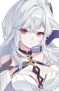 1girl bare_shoulders breasts cleavage closed_mouth collarbone commentary genshin_impact geumxxi hair_between_eyes hair_ornament hashtag-only_commentary highres large_breasts long_hair looking_at_viewer red_eyes sidelocks simple_background skirk_(genshin_impact) solo symbol-shaped_pupils upper_body white_background white_hair