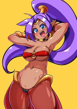 1girl :d absurdres arabian_clothes arm_guards armpits arms_up bare_arms bare_shoulders bikini bikini_top_only black_panties blue_eyes breasts choker circlet cleft_of_venus covered_erect_nipples cowboy_shot dancer dark-skinned_female dark_skin earrings fingernails gem genie gradient_background groin hair_ornament happy harem_outfit harem_pants highres hoop_earrings jewelry linea_alba long_hair long_sideburns looking_at_viewer medium_breasts midriff navel neck_ring necklace o-ring o-ring_top open_mouth panties pants pointy_ears ponytail purple_hair red_pants ryoi see-through_clothes see-through_pants shantae shantae_(series) sideboob sideburns simple_background skindentation smile solo standing stomach swimsuit teeth thighs tiara underboob underwear upper_teeth_only very_long_hair yellow_background