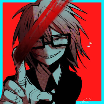 Rule 34 | 1boy, black eyes, black jacket, blood, blood on face, blue border, border, brown hair, glasses, gloves, grin, hand up, highres, index finger raised, jacket, looking at viewer, male focus, randal's friends, randal ivory, red background, sharp teeth, short hair, simple background, smile, solo, starhamu, teeth, upper body