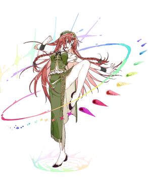 1girl bare_legs beret black_bow black_ribbon black_shoes bow braid breasts china_dress chinese_clothes clenched_hand commentary danmaku dress english_commentary fighting_stance full_body green_eyes green_hat green_skirt green_vest hair_bow hat hat_ornament highres hong_meiling leg_up long_hair long_skirt meandros neck_ribbon open_mouth pelvic_curtain rainbow red_hair ribbon shiorondo shirt shoes short_sleeves side_braids side_slit simple_background skirt solo standing standing_on_one_leg star_(symbol) star_hat_ornament tangzhuang touhou twin_braids very_long_hair vest white_background white_shirt wristband