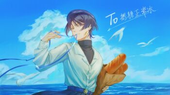 1boy bag baguette belt beret bird black_hair black_hat black_shirt black_shorts blue_belt blue_hair blue_ribbon blue_sky blunt_ends bread bright_pupils brown_bag chinese_text closed_mouth cloud cloudy_sky collared_shirt colored_inner_hair dove earrings eyeliner eyeshadow feather_earrings feathers fingernails food genshin_impact gold_buckle gold_earrings hakama hakama_shorts hand_up hat holding holding_bag japanese_clothes jewelry layered_shirt long_sleeves looking_at_viewer makeup male_focus mouth_hold multicolored_hair open_collar open_hand outdoors pleated_shorts purple_eyes red_eyeliner red_eyeshadow ribbon ribbon_in_mouth sally_wu_14473 scaramouche_(genshin_impact) shirt shorts sky solo translation_request tsurime turtleneck turtleneck_shirt undershirt upper_body wanderer_(genshin_impact) wanderer_(impression)_(genshin_impact) white_pupils white_shirt white_sleeves