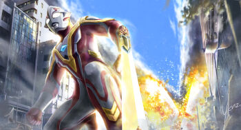 1boy alien arm_guards blue_sky building car city cityscape clenched_hands color_timer colored_skin commentary compound_eyes day debris dorsal_fin dust_cloud energy energy_blade energy_sword energy_weapon fire foot_out_of_frame foreshortening giant giant_male glowing glowing_eyes gold_trim highres imminent_explosion kneeling knight_brace lamppost looking_ahead male_focus mebium_knight_blade mebius_brace motor_vehicle multicolored_skin on_one_knee outdoors pectorals red_skin signature silver_skin sky skyscraper smoke snowslide solo sparks sword tokusatsu toned toned_male tree two-tone_skin ultra_series ultraman_mebius ultraman_mebius_(mebius_brave) ultraman_mebius_(series) weapon white_eyes wrist_blades