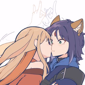 Rule 34 | 2girls, absurdres, animal ears, black choker, blonde hair, blue hoodie, blush, cho kaguya-hime!, choker, closed mouth, commentary, fox ears, highres, hood, hoodie, japanese clothes, kaguya (cho kaguya-hime!), kimono, kiss, long hair, multiple girls, off shoulder, purple hair, rabbit ears, red kimono, red nails, sakayori iroha, short hair, simple background, symbol-only commentary, tenrouza ray, white background, yuri