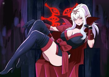 1girl ass breasts corruption eyes_of_grima fire_emblem fire_emblem_awakening grey_hair grima_(fire_emblem) ihsnet large_breasts looking_at_viewer nintendo pointy_ears ponytail red_eyes sitting_on_throne thighs throne tiki_(adult)_(fire_emblem) tiki_(fire_emblem)