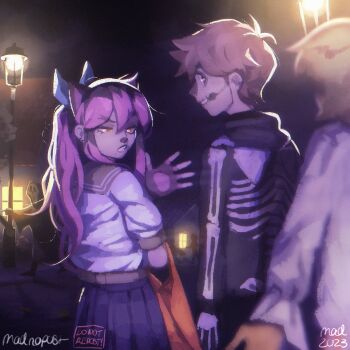 1girl 2023 2boys 3others alternate_costume alternate_eye_color alternate_hairstyle antenna_hair artist_name aubrey_(faraway)_(omori) aubrey_(omori) black_eyes black_hair black_skirt blue_ribbon bright_pupils brothers brown_hair dark-skinned_male dark_skin facepaint ghostface hair_ribbon halloween_costume hero_(faraway)_(omori) hero_(omori) highres jacket kel_(faraway)_(omori) kel_(omori) lamppost long_hair long_sleeves looking_at_another madnopost mole mole_under_eye mole_under_mouth multicolored_hair multiple_boys multiple_others night omori outdoors parted_lips pink_hair pleated_skirt ribbon scream_(movie) short-sleeved_jacket short_hair short_sleeves siblings skirt teeth two-tone_hair white_jacket white_pupils