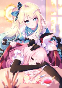 2girls :3 animal_ear_hairband animal_ears arisu_(rosuuri) arm_pillow arms_on_table artist_self-reference asymmetrical_sidelocks black_bow black_gloves black_hairband blue_bow blue_dress blue_eyes blue_hair blurry blurry_background blurry_foreground borrowed_character bow bright_pupils checkered_blanket checkered_bow checkered_clothes chest_belt closed_eyes closed_mouth club_(shape) colored_pencil commentary covering_with_blanket creator_connection cross-shaped_pupils cup depth_of_field diamond_(shape) drawing_(object) dress drill_hair elbow_gloves english_commentary eraser fake_animal_ears frilled_dress frilled_hairband frilled_shirt_collar frilled_sleeves frills furrowed_brow gloves gradient_hair hair_bow hair_ornament hairband hairclip hand_on_own_arm heart heart_o-ring highres indie_virtual_youtuber indoors light_blush long_hair looking_at_viewer low_drills multicolored_hair multiple_girls naemi_fay o-ring original parted_lips pencil pink_blanket pink_hair pinku_(vtuber) puffy_short_sleeves puffy_sleeves rabbit_ear_hairband rabbit_ears shirt short_sleeves side_ponytail sidelocks sleeping sleeve_garter spade_(shape) spoon symbol-shaped_pupils tea teacup teaspoon u_u virtual_youtuber white_pupils white_shirt
