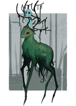 animalization antlers baila_kuangzi bare_tree blue_hood border brown_headband chinese_commentary commentary_request day deer detached_hood forest headband highres hood hood_up horns len'en nature no_humans outdoors outside_border parody rain_deer_(rain_world) rain_world red_eyes shitodo_aoji slugcat taira_no_fumikado tree white_border