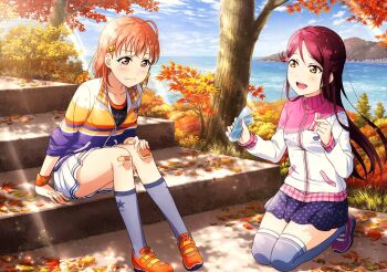 Rule 34 | 2girls, ahoge, autumn, autumn leaves, bandaid, bandaid on knee, bandaid on leg, black shirt, blue sky, blush, bow, brown eyes, closed mouth, cloud, clover hair ornament, collarbone, convenient skirt, crying, dappled sunlight, day, diamond (shape), falling leaves, full body, grey socks, hair bow, hair ornament, hairclip, half updo, hand on own knee, horizon, injury, jacket, kneehighs, kneeling, leaf, light rays, long hair, long sleeves, looking at another, looking down, love live!, love live! school idol festival, love live! sunshine!!, maple leaf, miniskirt, mountain, multicolored jacket, multiple girls, ocean, official art, open mouth, orange hair, orange jacket, orange shoes, outdoors, pain, partially unzipped, pigeon-toed, pink jacket, pleated skirt, polka dot, polka dot skirt, purple shoes, purple skirt, red eyes, red hair, sad, sakurauchi riko, shirt, shoes, short hair, sitting, sitting on stairs, skirt, sky, smile, sneakers, socks, stairs, star (symbol), star print, stone stairs, sunbeam, sunlight, sweater, takami chika, tears, teeth, thighhighs, track jacket, tree, two-tone jacket, upper teeth only, wavy mouth, white jacket, white skirt, wristband, yellow bow, yellow eyes, zettai ryouiki, zipper, zipper pull tab