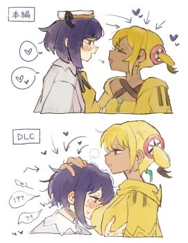 2girls :d arrow_(symbol) bandeau before_and_after between_breasts blonde_hair blush breasts canari_(pokemon) chamopichamo closed_eyes coat commentary_request dark-skinned_female dark_skin face_between_breasts from_side gwynn_(pokemon) head_between_breasts heart highres jacket long_sleeves looking_at_another multiple_girls nintendo open_clothes open_jacket open_mouth pokemon pokemon_legends:_z-a purple_eyes purple_hair short_hair smile spoken_heart sweat translation_request upper_body white_coat yellow_bandeau yellow_jacket yuri