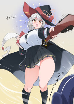 :d ankle_socks blue_archive book bow bowtie braid breasts earrings electric_fan eri_(blue_archive) gun hair_ornament halo hat highres holding holding_book holding_gun holding_weapon jacket jewelry large_breasts long_coat long_hair open_mouth orange_eyes panties ponytail popped_button rifle ring shirt skirt smile socks sparkle sweater thighs underwear upskirt weapon white_hair witch_hat yuuichi_(reductionblack)