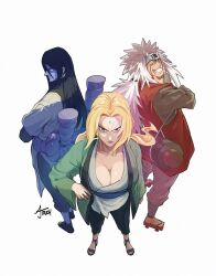 Rule 34 | 1girl, 2boys, aj touch, black hair, blonde hair, breasts, cleavage, colored skin, earrings, facial mark, forehead mark, forehead protector, full body, geta, green jacket, group picture, jacket, jewelry, jiraiya (naruto), large breasts, long hair, multiple boys, naruto (series), orochimaru (naruto), pale skin, red vest, robe, serious, simple background, smile, spiked hair, tsunade (naruto), vest, white background, white hair, white robe, white skin