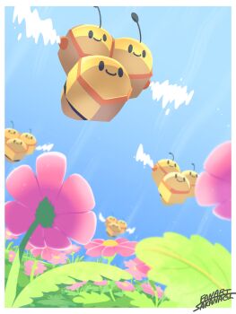 Rule 34 | absurdres, animal focus, bee, bug, closed mouth, combee, day, flower, flying, gen 4 pokemon, highres, insect, insect wings, nintendo, no humans, pokemon, pokemon (creature), pokemon focus, sakanagi (a r co), smile, wings