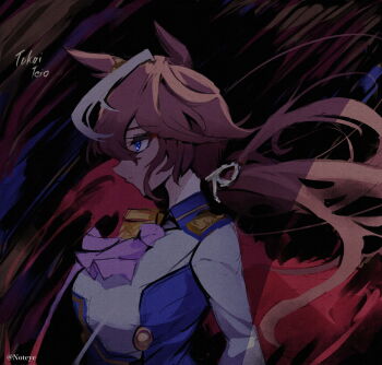 1girl animal_ears ascot blue_eyes bow brown_hair buttons cape double-breasted ear_ribbon epaulettes highres horse_ears horse_girl jacket long_hair long_sleeves multicolored_hair multicolored_jacket nottoai_(user_emeu8775) pink_ascot ponytail red_cape single_epaulette skirt solo streaked_hair tokai_teio_(peak_joy)_(umamusume) tokai_teio_(umamusume) two-tone_jacket umamusume white_hair white_jacket