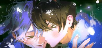 Rule 34 | > <, 2boys, bandage on cheek, bandage on face, bandages, blue hair, blue jacket, blush, brown hair, closed eyes, daejeong-sik, from above, green background, jacket, kiss, kissing cheek, laughing, male focus, multiple boys, original, portrait, profile, simple background, smile, snowing, striped blush, yaoi