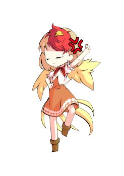 1girl animal animal_on_head baby_animal bird bird_tail blonde_hair boots brown_boots chibi chibi_only chick commentary_request dairi dress feathered_wings full_body large_variant_set multicolored_hair neckerchief niwatari_kutaka on_head orange_dress puffy_short_sleeves puffy_sleeves red_hair red_neckerchief shirt short_hair short_sleeves solo standing standing_on_one_leg tachi-e tail touhou transparent_background two-tone_hair variant_set white_shirt wings