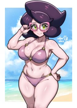 1girl absurdres adjusting_eyewear artist_name bare_arms bare_shoulders beach big_hair bikini blue_sky blush border breasts closed_mouth cloud commentary commission cowboy_shot english_commentary feet_out_of_frame full_cleavage glasses green_eyes hand_on_own_hip highres horizon ko-fi_commission large_breasts legs_together looking_at_viewer navel nintendo ocean outside_border pink-framed_eyewear pokemon pokemon_sun_and_moon purple-framed_eyewear purple_bikini purple_hair rotomdocs shore sky smile solo standing swimsuit water white_border wicke_(pokemon) wide_hips