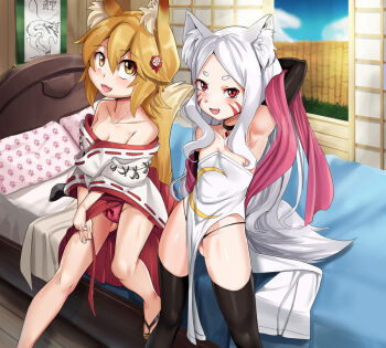 2girls :3 animal_ear_fluff animal_ears architecture armpits arms_up bare_shoulders bed black_choker black_gloves black_panties black_thighhighs blonde_hair blush bow bow_panties breasts choker cleavage crescent_print dress east_asian_architecture elbow_gloves facial_mark fang flower fox_ears fox_girl fox_tail fusuma gem gloves gluteal_fold hair_between_eyes hair_flower hair_ornament hakama indoors japanese_clothes kimono looking_at_viewer miko multiple_girls nico-mo on_bed open_door open_mouth panties pantyshot paw_print pink_panties red_eyes red_hakama red_shawl ribbon-trimmed_sleeves ribbon_trim sandals senko_(sewayaki_kitsune_no_senko-san) sewayaki_kitsune_no_senko-san shawl shiro_(sewayaki_kitsune_no_senko-san) short_eyebrows short_hair sliding_doors smile strapless strapless_dress tail thick_eyebrows thighhighs underwear veranda whisker_markings white_hair white_kimono wide_sleeves yellow_eyes
