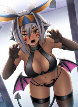 1girl animal_ears antenna_hair bare_shoulders black_bra black_gloves black_hair black_panties black_thighhighs blush bra breasts chuppa_(katotsuba) cleavage colored_inner_hair dark-skinned_female dark_skin demon_tail demon_wings elbow_gloves facepaint facial_mark fate/grand_order fate_(series) fingerless_gloves gloves jackal_ears looking_at_viewer medium_breasts multicolored_hair navel nitocris_(fate) nitocris_alter_(fate) open_mouth panties short_hair sidelocks solo streaked_hair tail thighhighs thighs underwear white_hair wings yellow_eyes