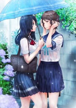 2girls adjusting_hair aqua_ribbon arm_behind_back arm_up bag black_bag black_hair blue_sailor_collar blue_skirt blurry blurry_background brown_hair bush collared_shirt cowboy_shot depth_of_field flower from_side hand_on_another's_head highres holding holding_bag holding_umbrella konekoneko_(pixiv_21272648) looking_at_another multiple_girls neckerchief original outdoors parted_lips pleated_skirt purple_flower rain red_neckerchief ribbon sailor_collar school_uniform serafuku shirt short_hair short_sleeves shoulder_bag skirt standing umbrella white_shirt