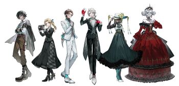 3boys 3girls absurdres alice_deross alternate_costume aqua_pantyhose aqua_socks argyle arm_behind_back ascot back_bow belt belt_boots belt_pouch bird_mask black_choker black_coat black_footwear black_gloves black_hair black_headwear black_jacket black_nails black_pants black_shirt black_skirt black_sleeves black_veil blonde_hair blue_eyes blue_necktie blue_ribbon boots bow bowtie brooch brown_belt brown_eyes brown_hair brown_pants brown_vest camera center_frills choker cleavage_cutout closed_mouth clothing_cutout coat collared_shirt colored_skin cross-laced_footwear crossed_arms crown cup curly_hair curtained_hair dress dress_shirt dress_shoes drinking_glass earrings expressionless fishnet_gloves fishnets floating_earrings flower formal_clothes frederick_kreiburg frilled_skirt frilled_sleeves frills full_body gloves gown green_ascot green_skirt grey_bow grey_bowtie grey_eyes grey_skin grey_vest hair_between_eyes hair_ribbon hair_rings hair_slicked_back hand_on_headwear hand_on_own_chest hat hat_flower hat_tassel high-waist_skirt high_heel_boots high_heels highres holding holding_camera holding_cup holding_mask identity_v jacket jacket_on_shoulders jewelry juliet_sleeves lace lace_sleeves lapel_pin lapels long_hair long_skirt long_sleeves looking_at_viewer low_ponytail mary_(identity_v) mask medium_hair melly_plinius monocle multicolored_skin multiple_boys multiple_girls mura_karuki nail_polish necklace necktie newsboy_cap norton_campbell notched_lapels off-shoulder_dress off_shoulder official_art open_clothes open_collar open_jacket orange_eyes orpheus_(identity_v) oxfords pale_skin pants pantyhose parted_bangs pendant_choker plaid_clothes plaid_skirt ponytail pouch puffy_sleeves red_dress red_gloves red_socks ribbon scar scar_on_face shirt shoes short_hair simple_background skirt sleeve_cuffs smile socks standing stitched_arm stitched_face stitches suspenders swept_bangs tailcoat tassel thigh_pouch three-quarter_sleeves undershirt veil veil_over_eyes vest wallet_chain white_ascot white_background white_footwear white_hair white_headwear white_jacket white_pants white_shirt wine_glass yellow_flower