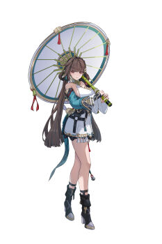 1girl absurdres bamboo boots breasts brown_eyes brown_hair closed_mouth dress hair_ornament high_heel_boots high_heels highres holding holding_umbrella honkai_(series) honkai_impact_3rd kabuto_tong large_breasts li_sushang li_sushang_(peregrine_sword) light_smile long_hair long_sleeves looking_at_viewer orange_eyes red_pupils sideboob simple_background solo twintails umbrella very_long_hair white_background white_dress